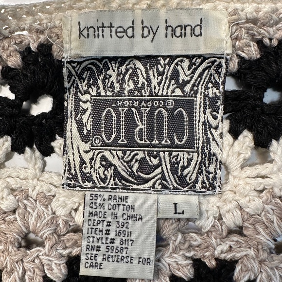 Curio - hand knitted Ramie/Cotton blend cream/beige/black cardigan. Size L. EUC! - Picture 4 of 5
